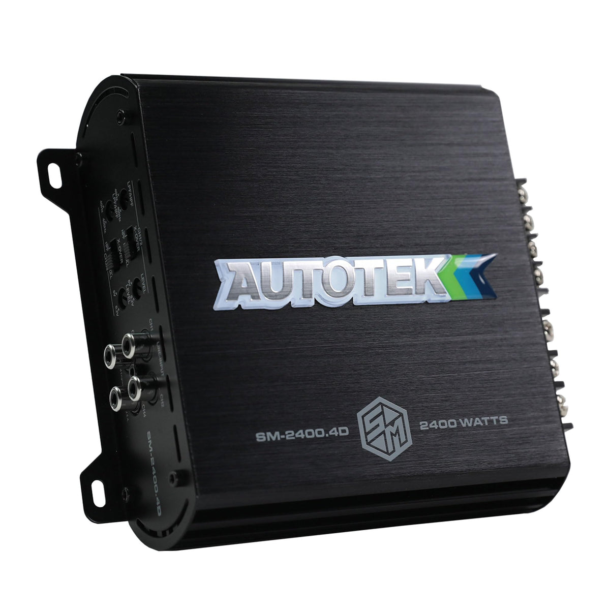 Autotek SM-2400.4D front view shows compact high-output amplifier for upgraded car audio
