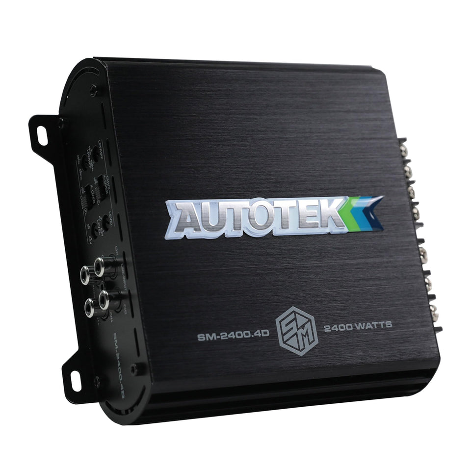 Autotek SM-2400.4D front view shows compact high-output amplifier for upgraded car audio