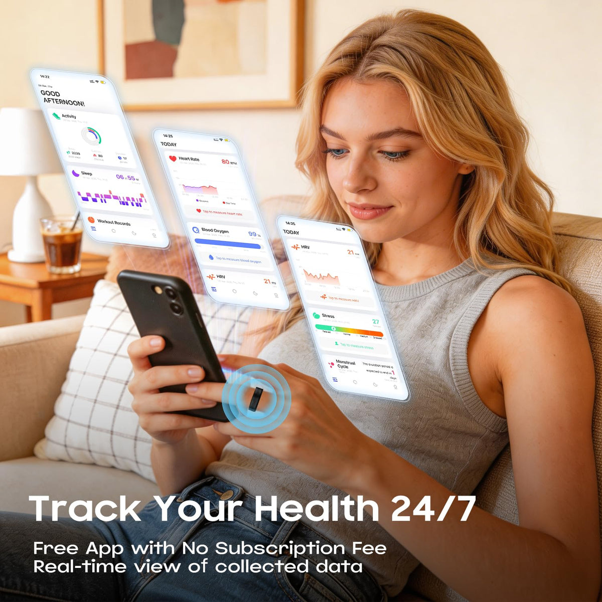 AutrefoisElf app sync display showing health insights and no-subscription convenience