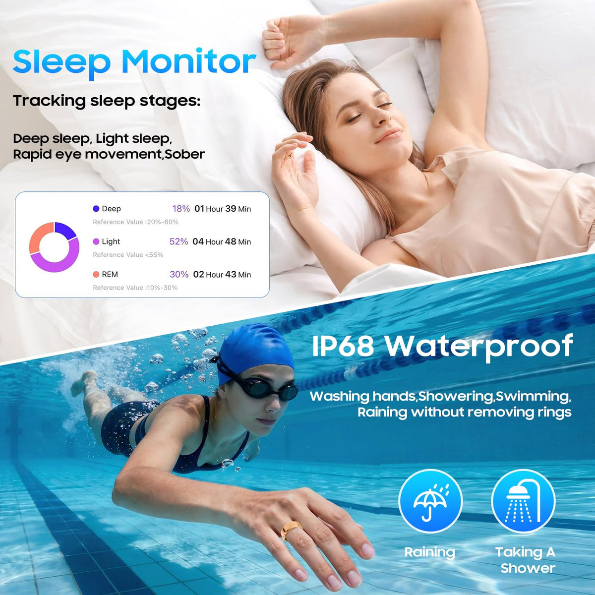 AutrefoisElf ring in pool during swim showing IP68 waterproof for active use