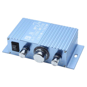 AUTUT mini amplifier front panel showing controls and compact aluminum case, boosts in-vehicle audio