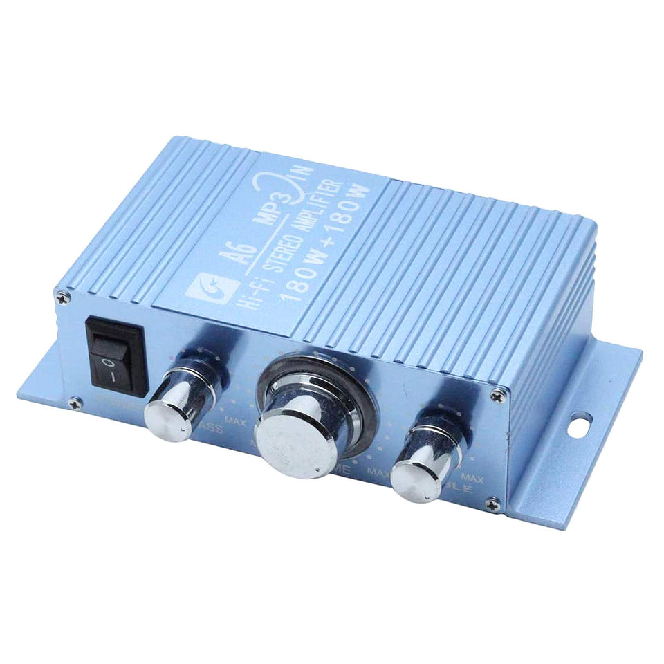 AUTUT mini amplifier front panel showing controls and compact aluminum case, boosts in-vehicle audio