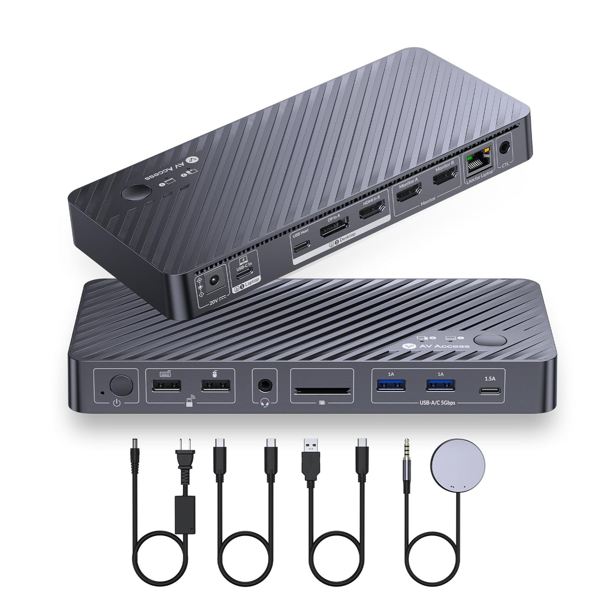 AV Access iDock P10 dual-monitor setup enabling easy cross-device switching