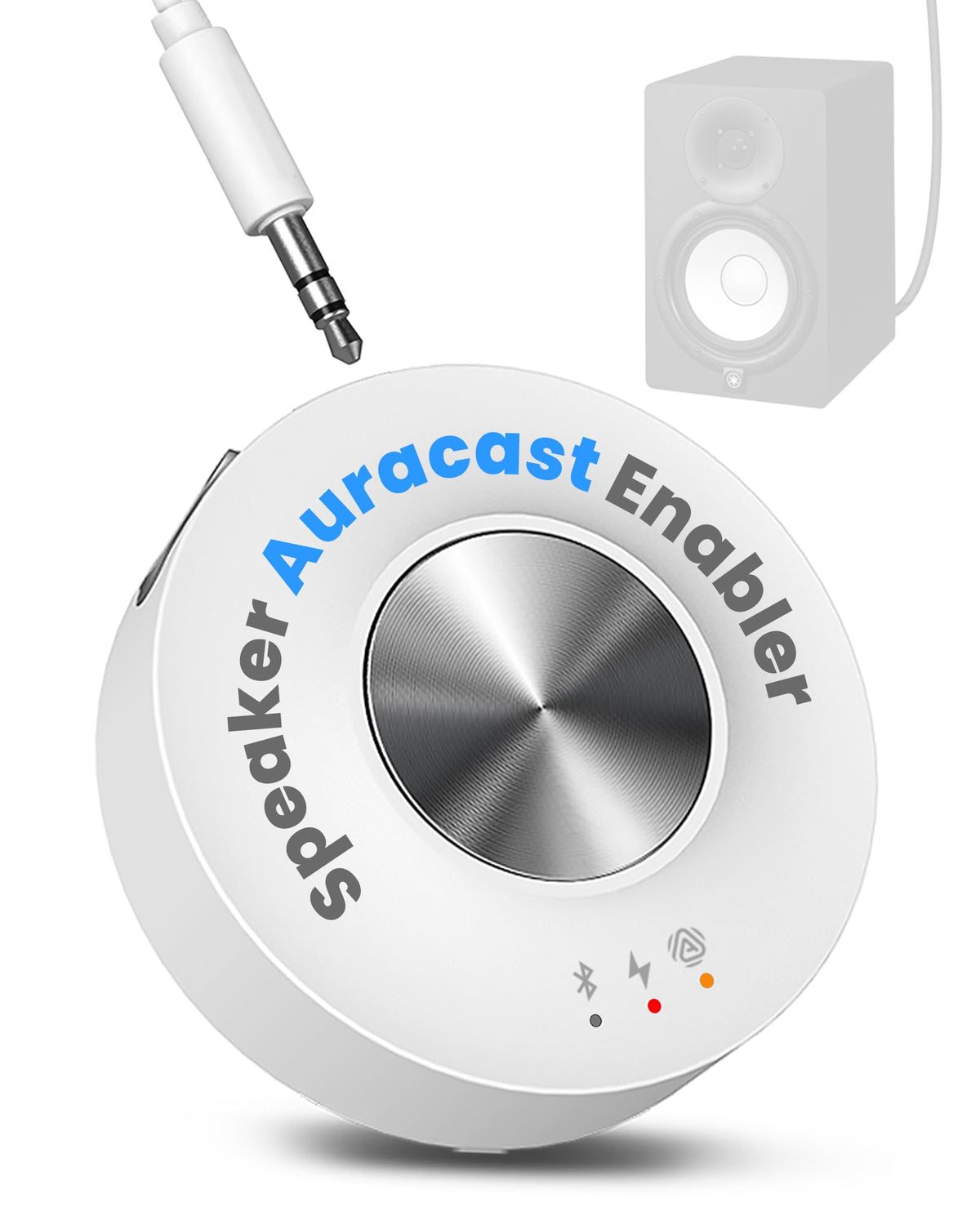 Avantree AuraLink front view showing compact white receiver and status lights, adds wireless convenience