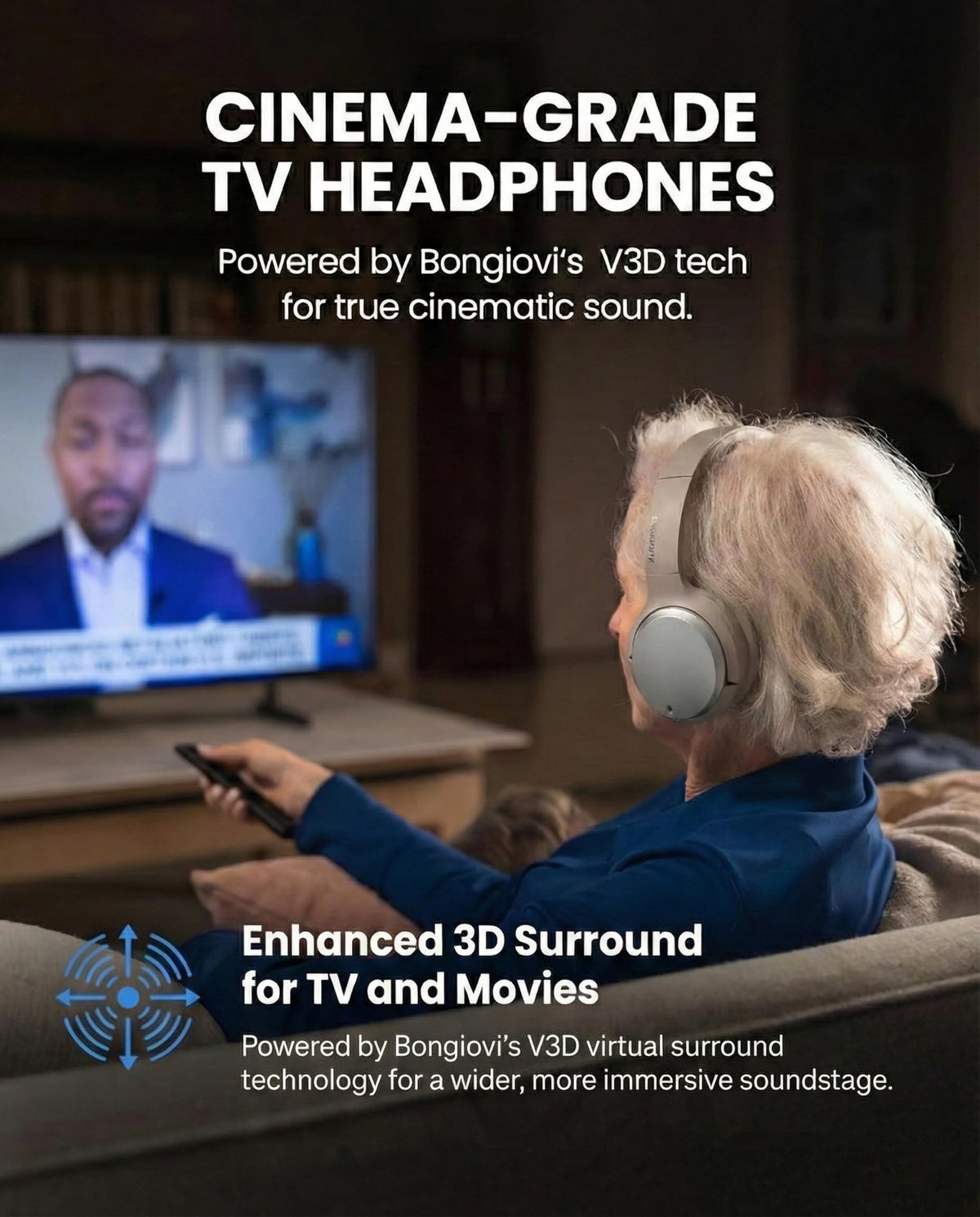 Avantree Crescendo headphones worn for immersive TV listening.
