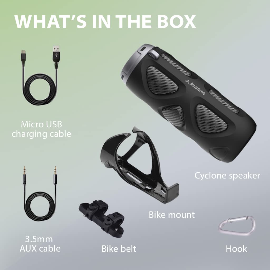 Avantree Cyclone on rider's scooter in park, durable splashproof music companion