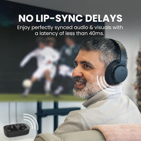Avantree Ensemble transmitter and headphones shown together for reliable private listening.