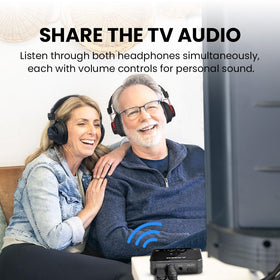 Transmitter dock for Avantree HT41899 Plus connects to TV audio outputs.