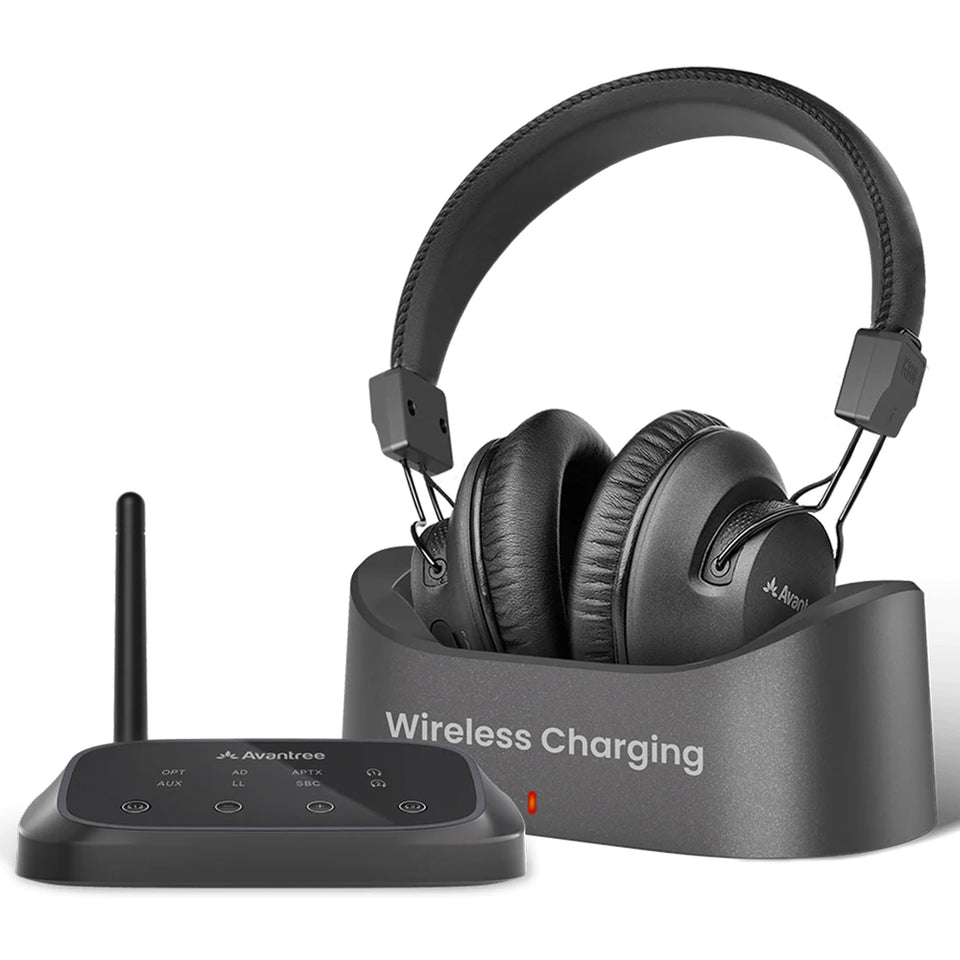 Avantree HT5009 Plus headphones on dock for quiet TV listening