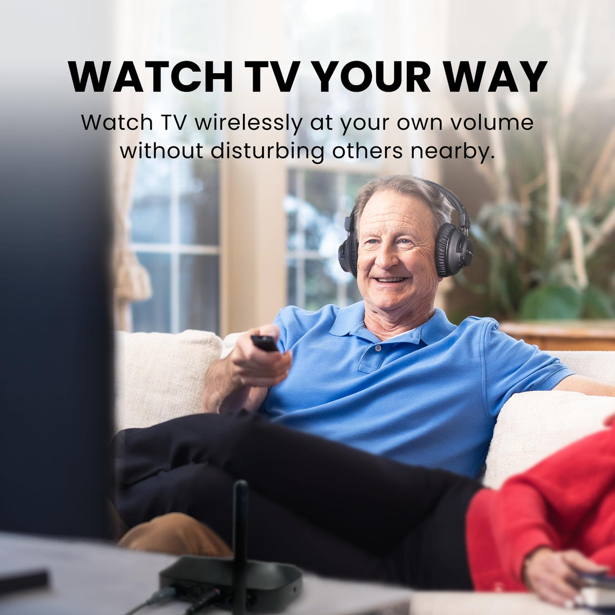 Avantree HT5009 Plus headphones worn during TV viewing for clear dialogue