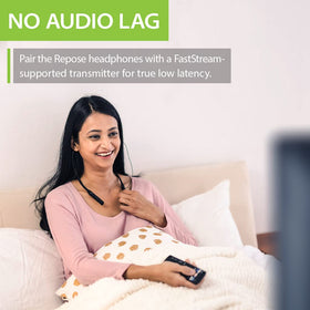 Avantree Repose paired with TV transmitter showing low-latency audio syncing benefit