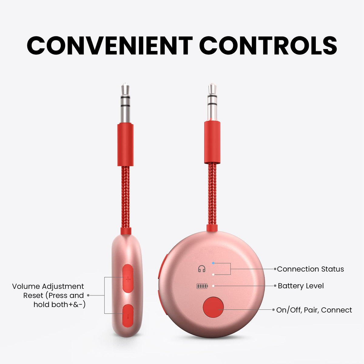 Avantree SoundJet R1 battery indicator lit to show 25-hour runtime travel benefit