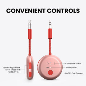 Avantree SoundJet R1 battery indicator lit to show 25-hour runtime travel benefit
