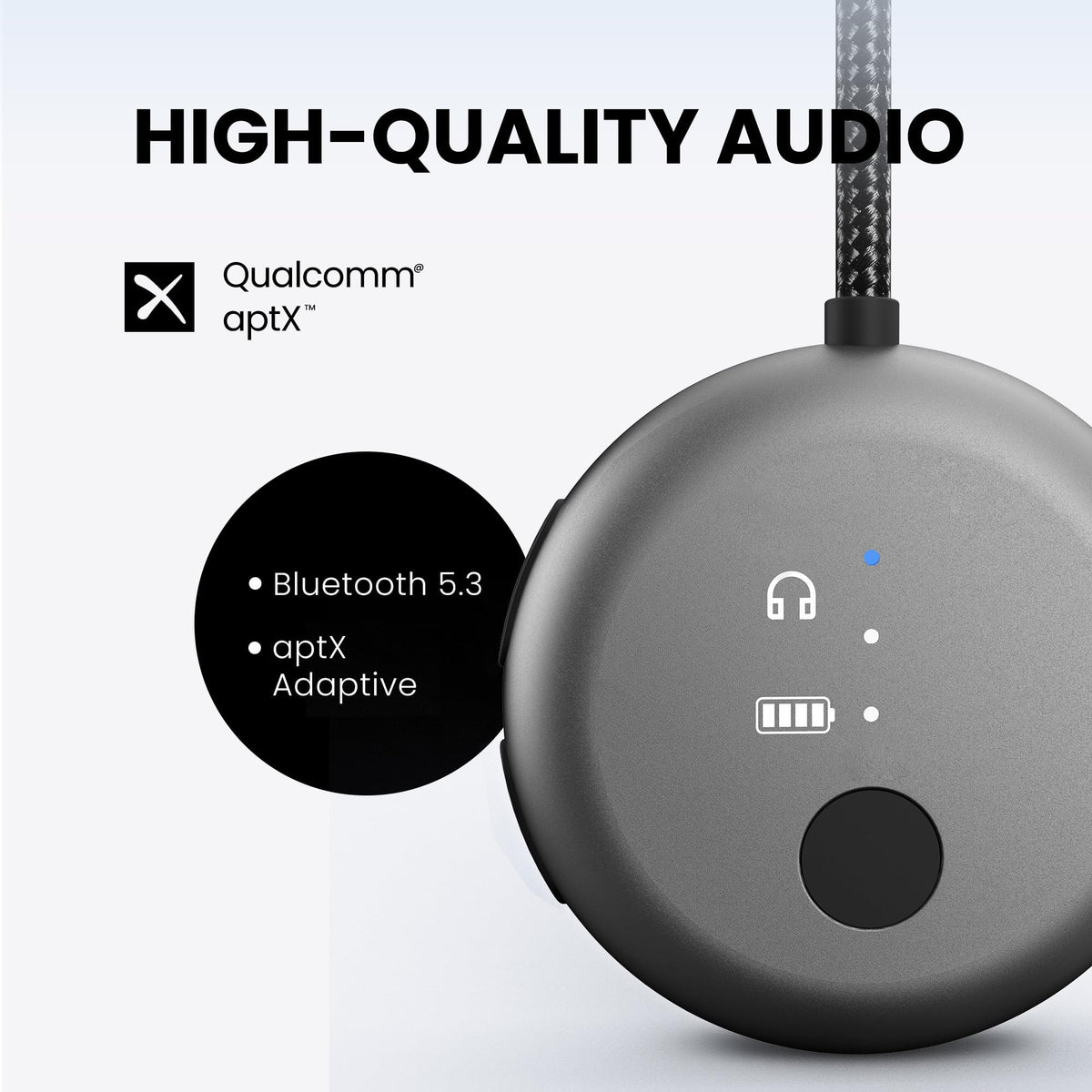 Avantree SoundJet R1 USB-C charging port close-up, fast charging for continuous playback