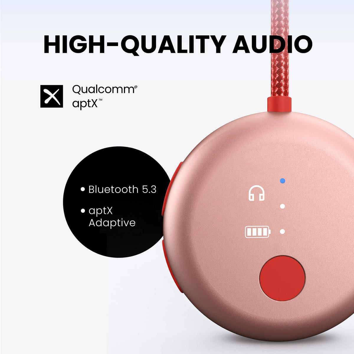 Avantree SoundJet R1 beside a passport showing travel-ready size and long battery advantage