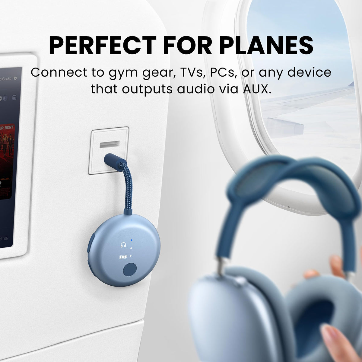 Avantree SoundJet R1 with included dual‑prong adapter for airplane compatibility benefit