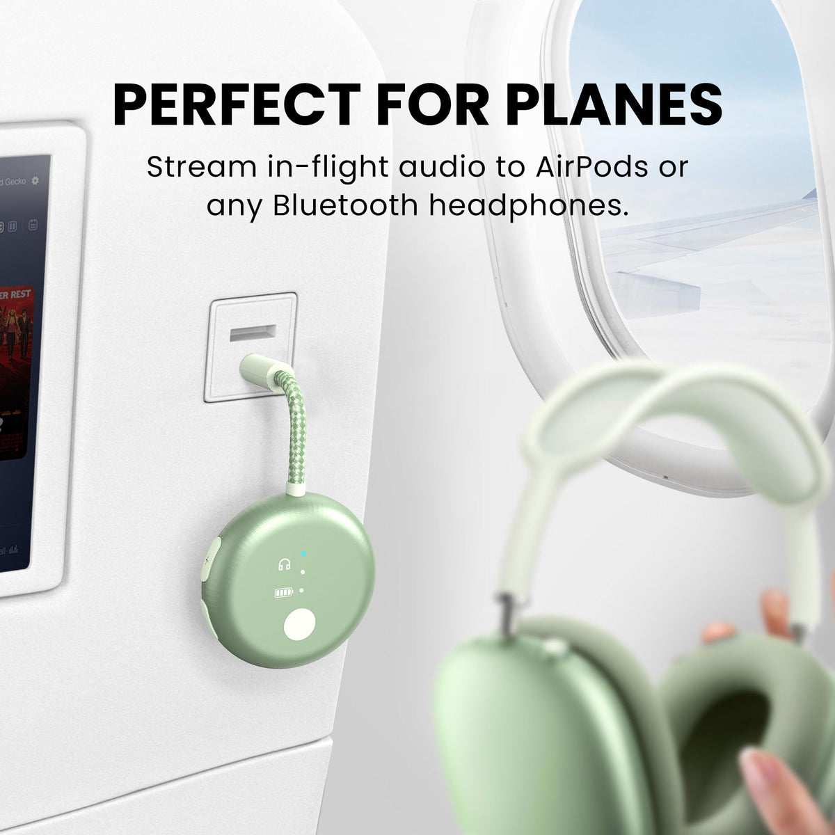 Avantree SoundJet R1 dual-prong adapter displayed with transmitter and travel convenience