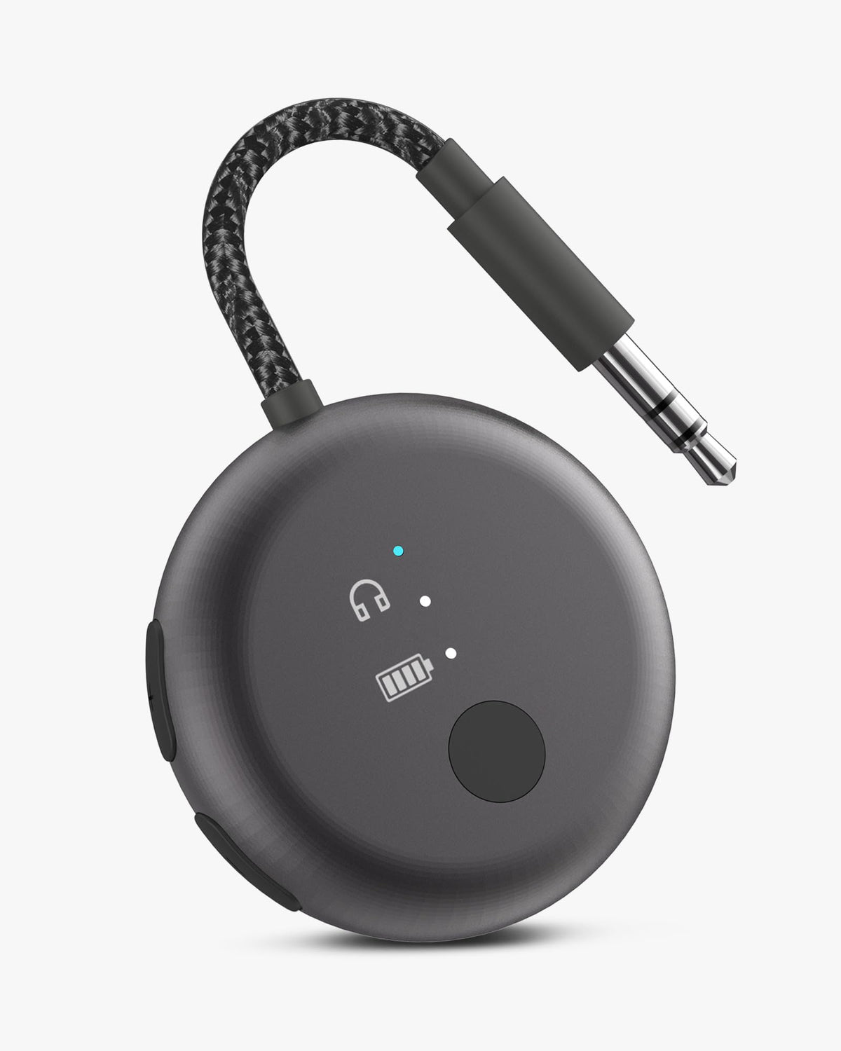 Avantree SoundJet R1 front view showing compact transmitter and 3.5mm plug for easy travel