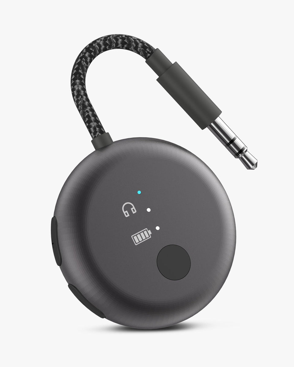 Avantree SoundJet R1 front view showing compact transmitter and 3.5mm plug for easy travel