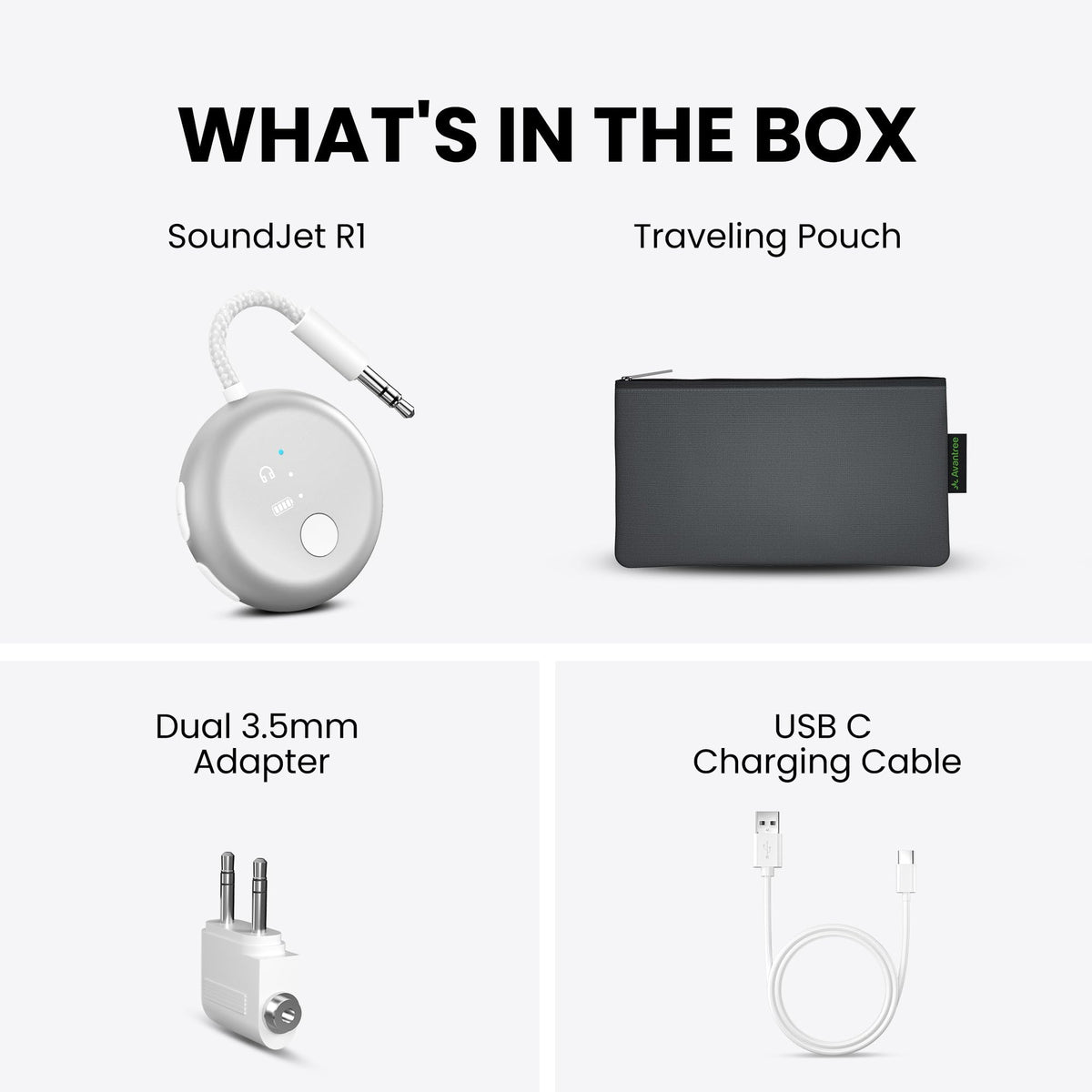 Avantree SoundJet R1 packaging and accessories displaying everything included for travel