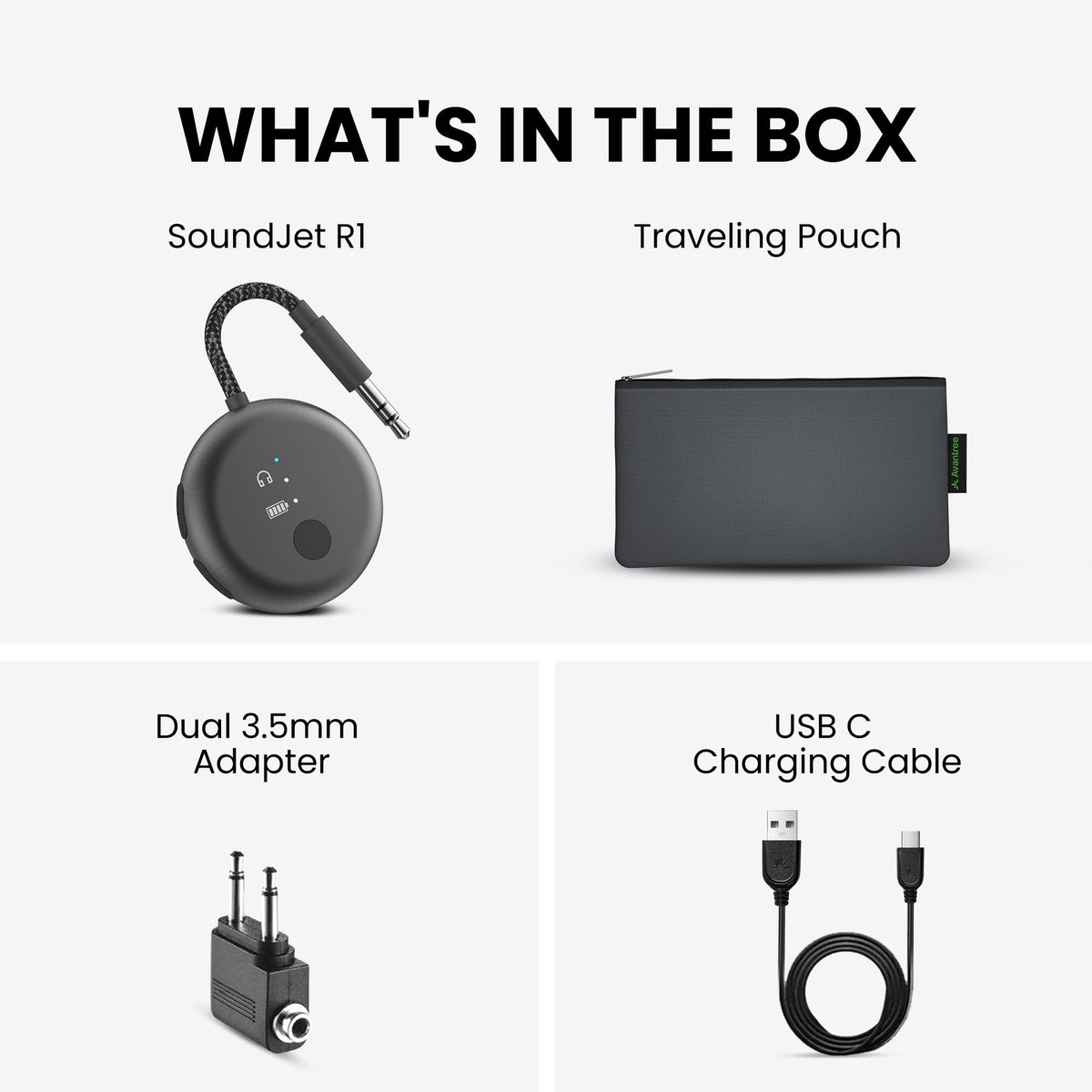 Avantree SoundJet R1 product packaging and color options, stylish match for AirPods users