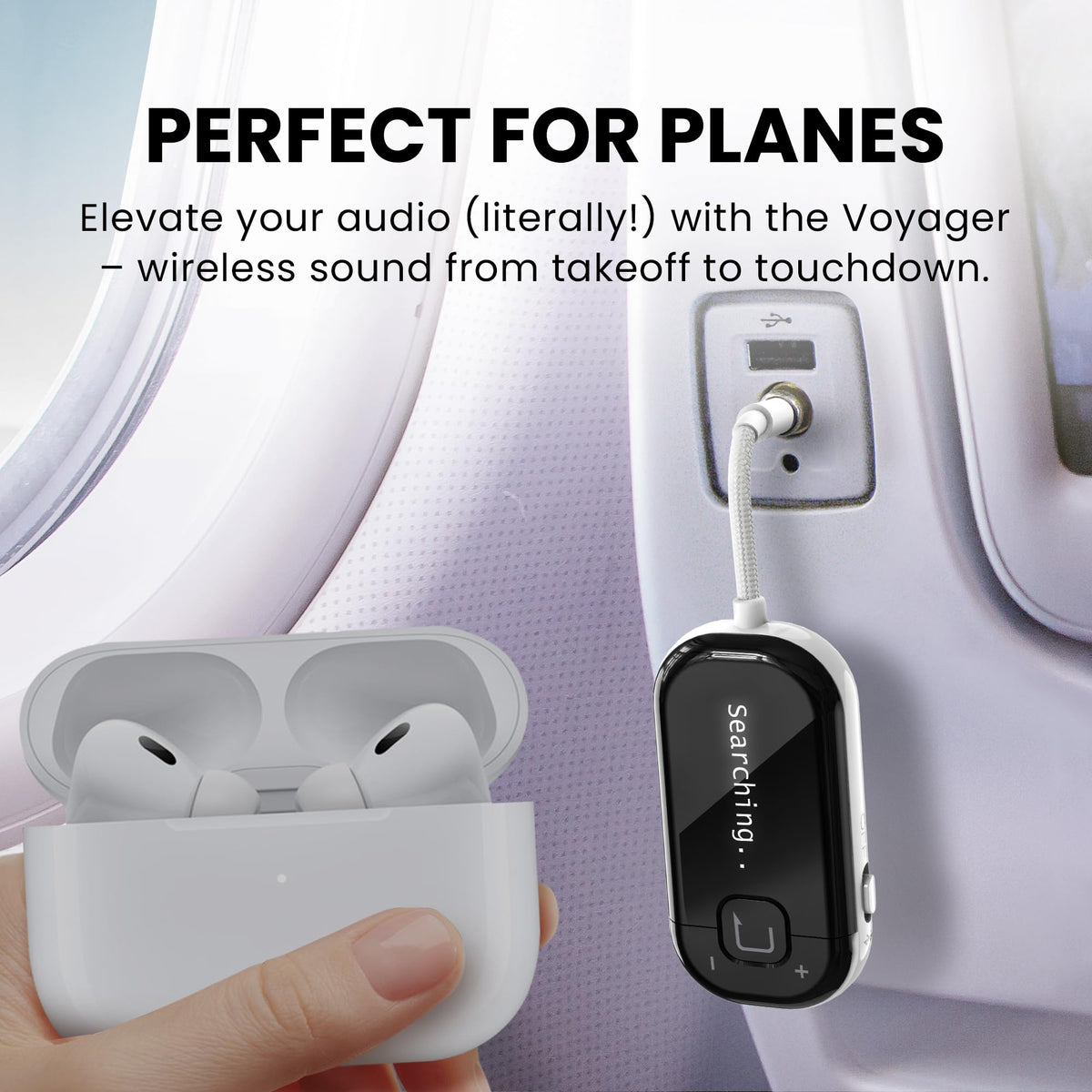 Avantree Voyager connected via 3.5mm AUX for in-flight audio.