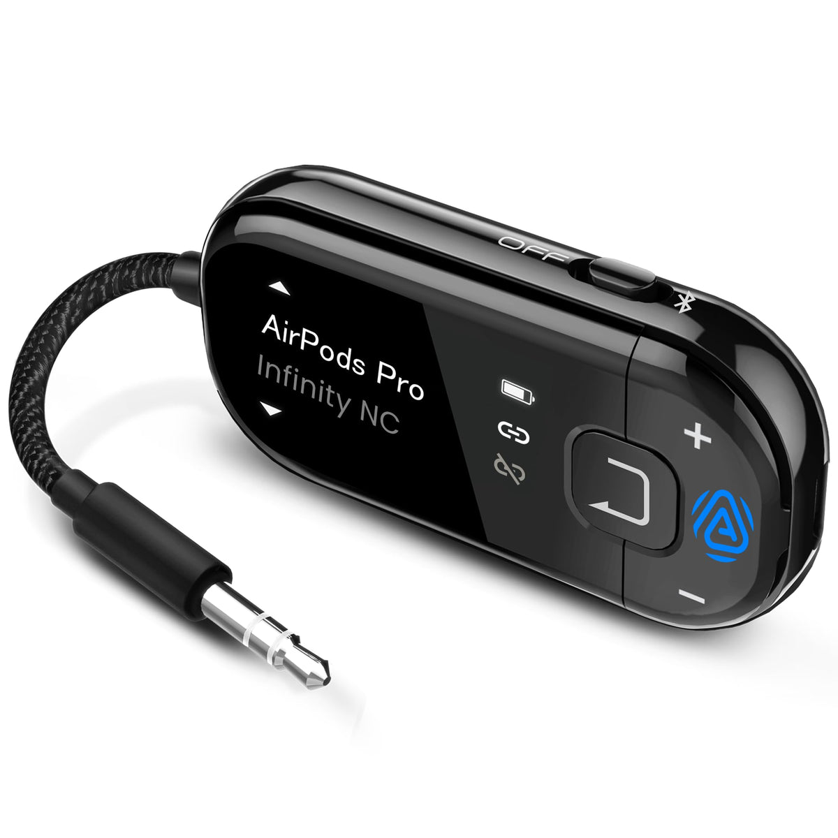 Avantree Voyager OLED display front view shows pairing status and volume control.