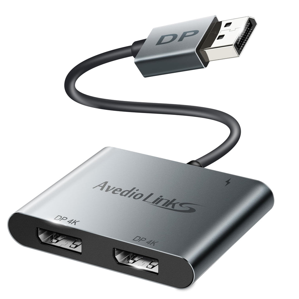 Avedio Links displayport splitter showing dual-output for extended workstation setup.