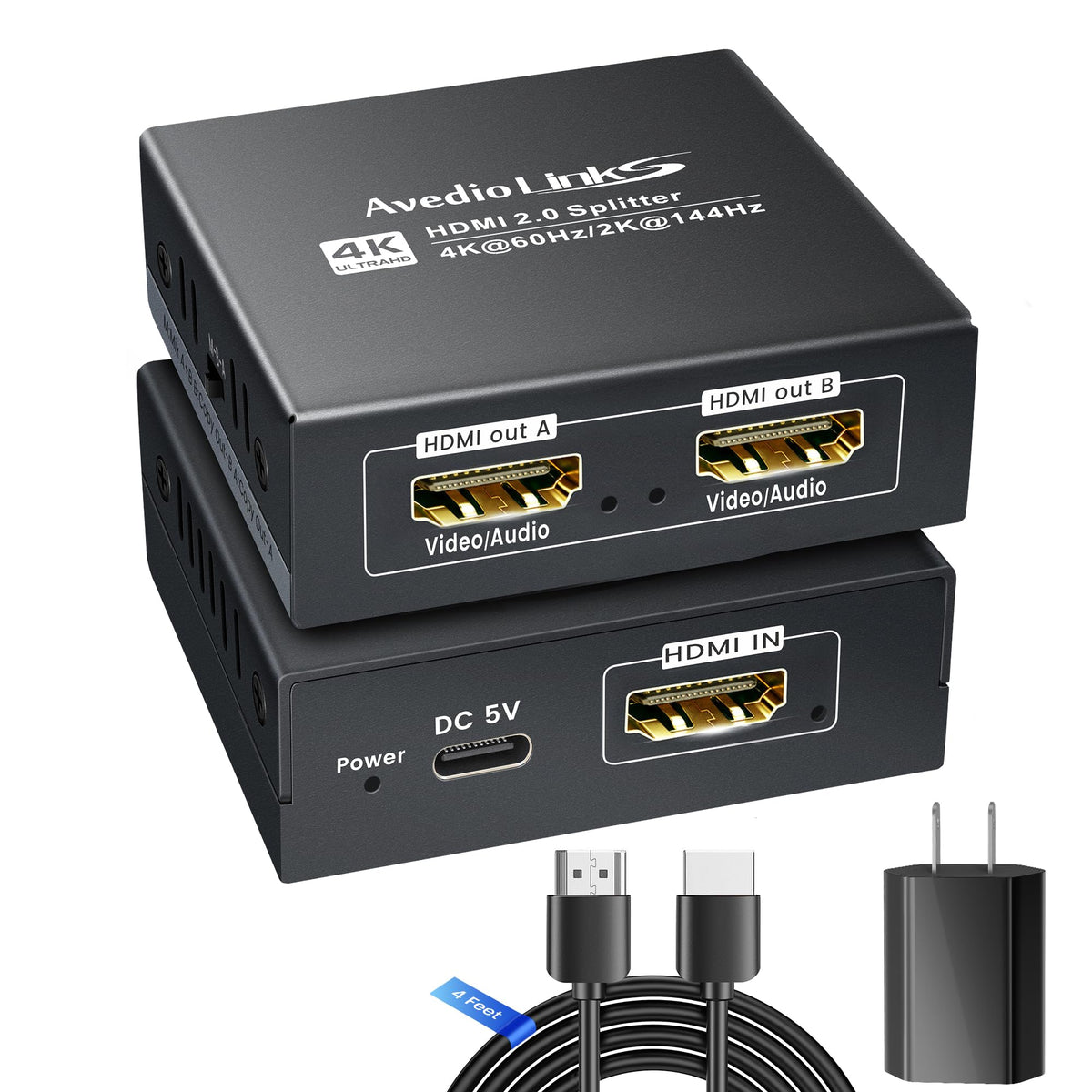 avedio links front view with cable showing compact splitter and easy setup benefit