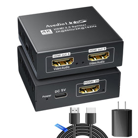 avedio links front view with cable showing compact splitter and easy setup benefit