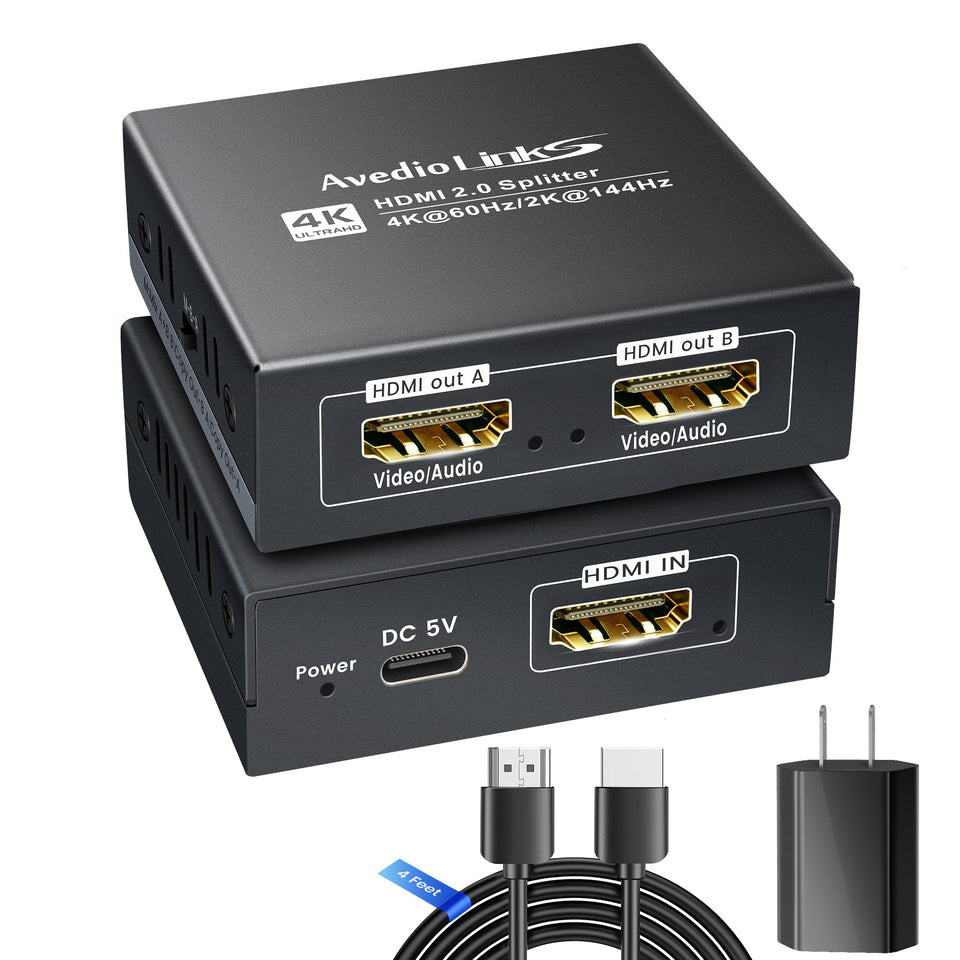 avedio links front view with cable showing compact splitter and easy setup benefit