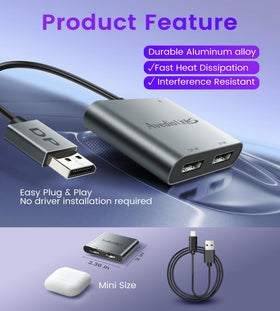 Avedio Links plug-and-play DP splitter with no driver required.