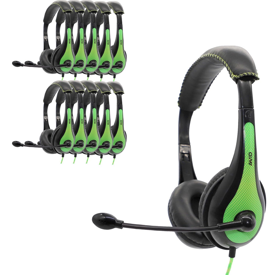 Avid AE-36 green headset packaging ready for classroom distribution.