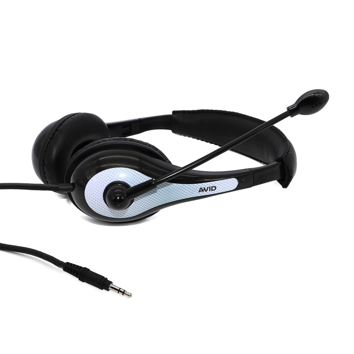 Avid AE-36 headset connected via single 3.5mm jack for devices.