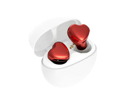 AVIOT TE-I3 red heart-shaped earbuds gently fit small ears for all-day wear.