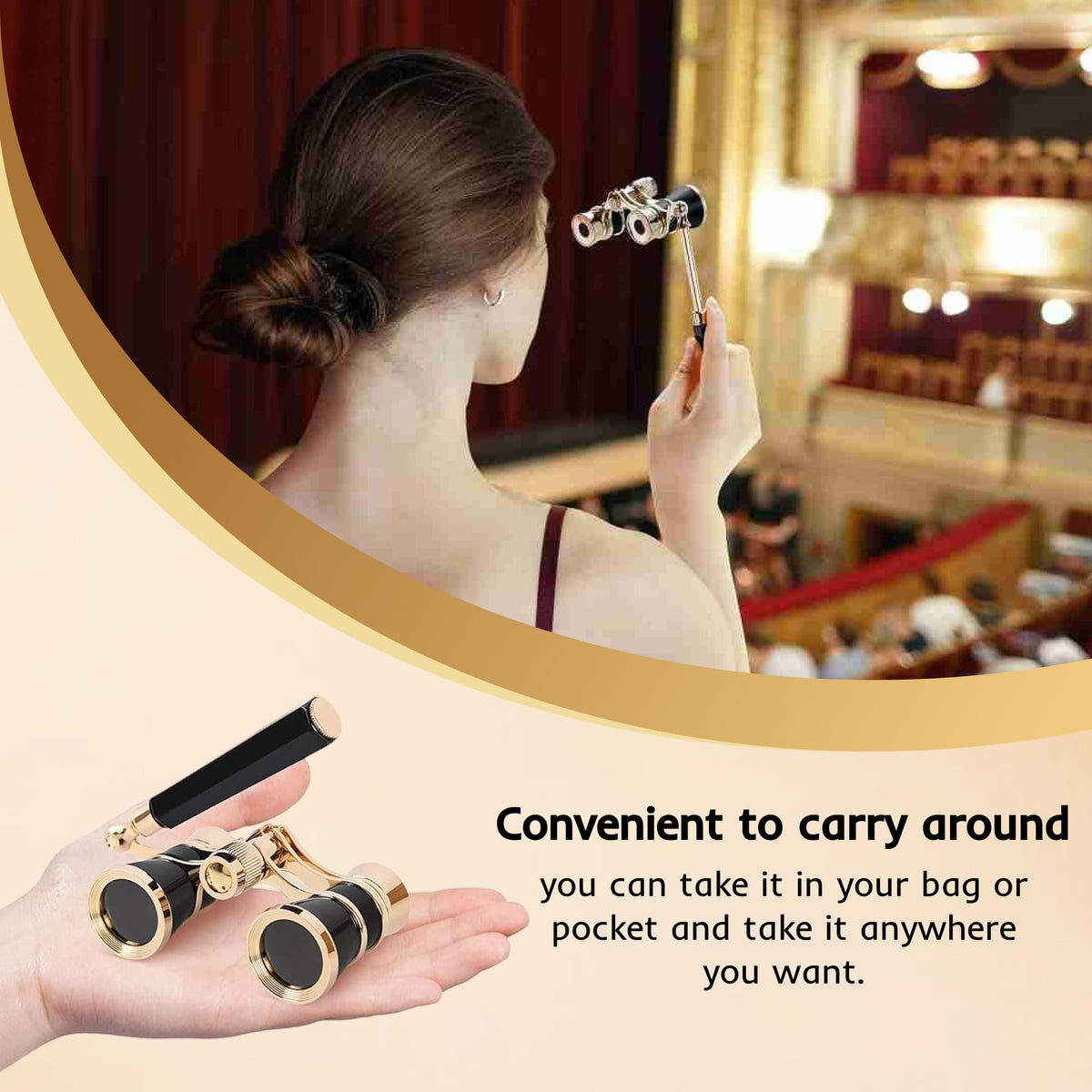 Avkoohum opera glasses held in hand to show scale, helps choose comfortable size