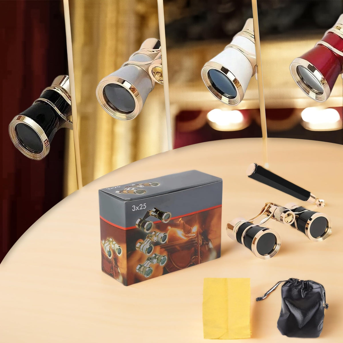 Avkoohum product on theater seat in evening setting, stylish accessory for shows