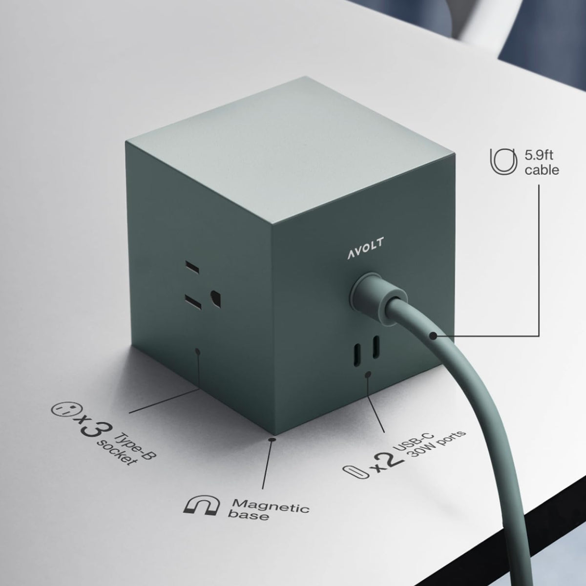 AVOLT image of 5.9ft cord stretched to indicate reach and placement flexibility