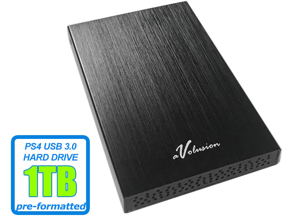Avolusion HD250U3 1TB portable drive back panel, shows slim aluminum chassis for durable gaming storage