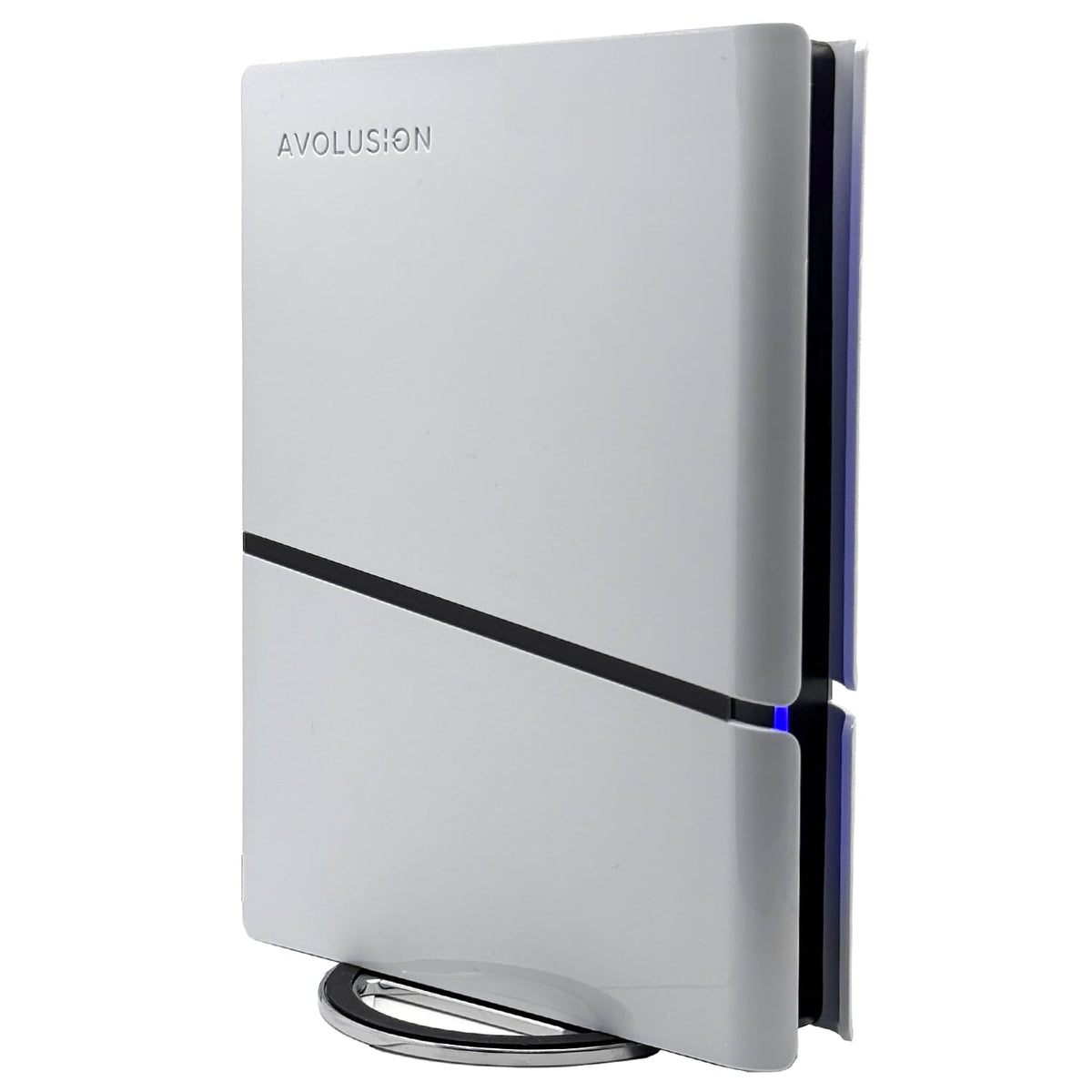 Avolusion PRO-H1 12TB external drive side view highlights slim desktop-friendly profile