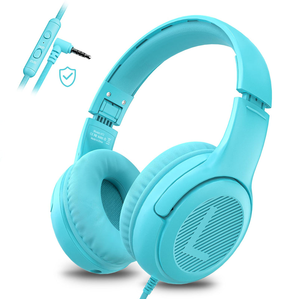 Awatrue AT2 kids headphones in blue box for safe listening during study sessions.
