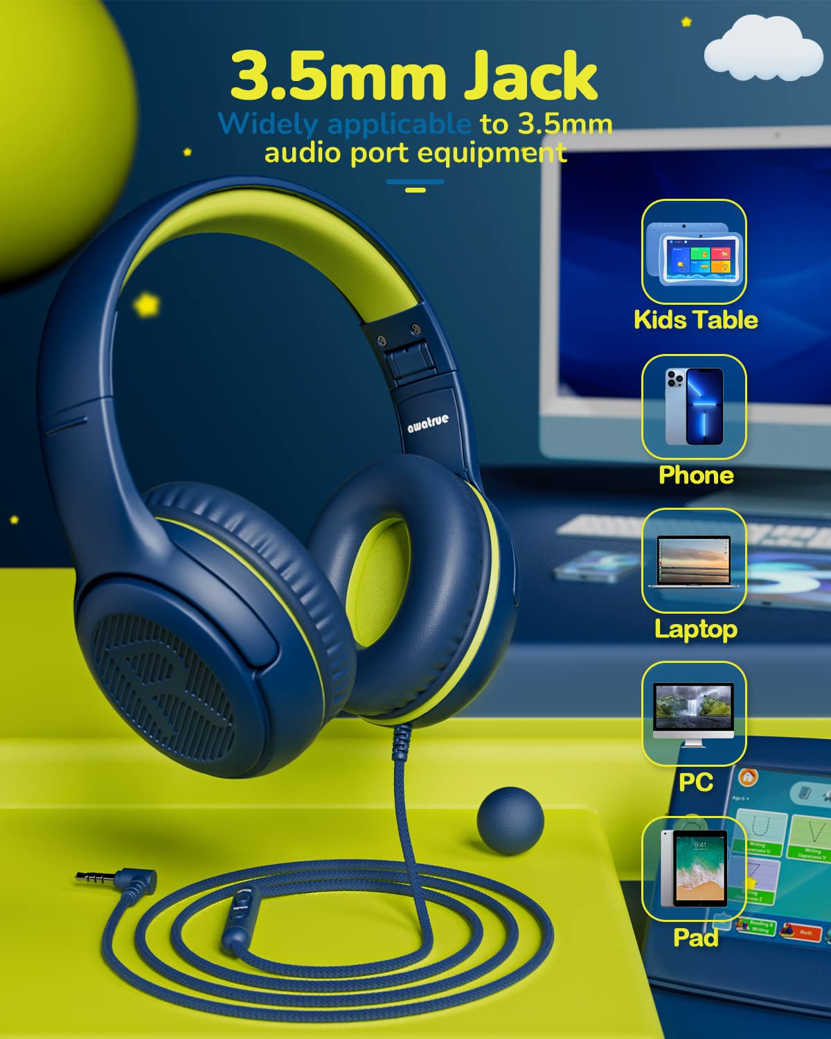 Awatrue AT2 on-ear headphones in bluegreen color for kids.