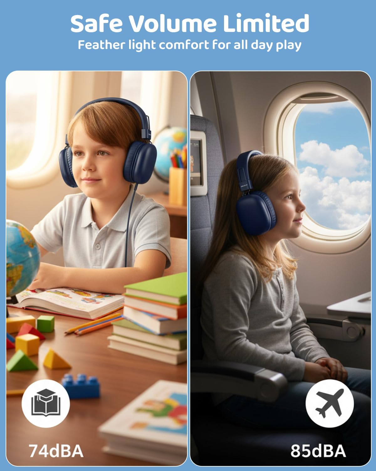 awatrue AT8 headphones on head in blue, safe listening during lessons.