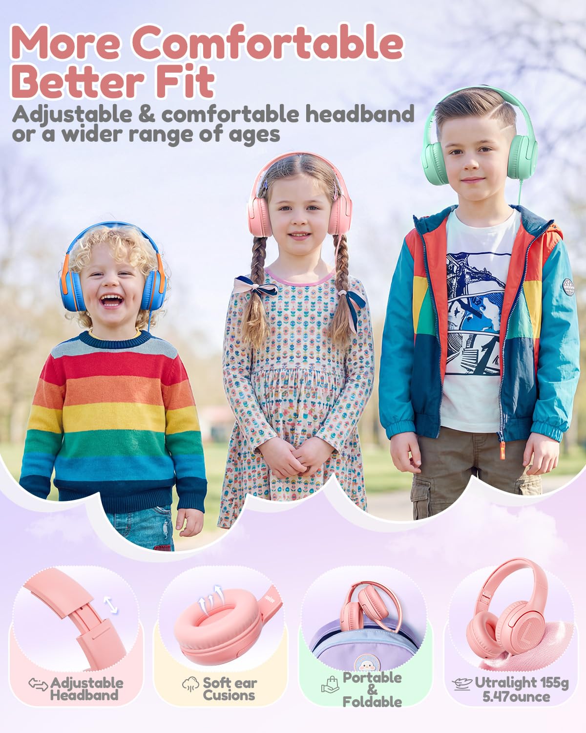 awatrue foldable kids headphones on kid, sturdy and portable