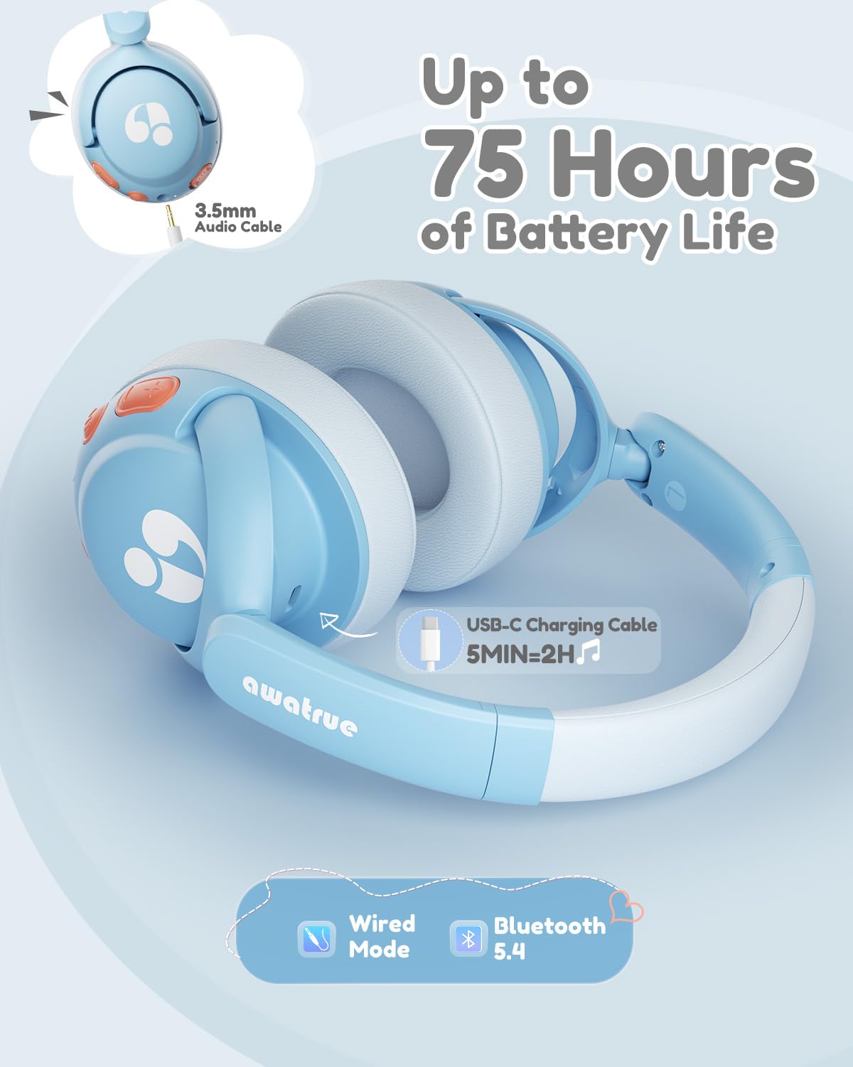 awatrue Kids Bluetooth Headphones 75 hours playtime on a full charge