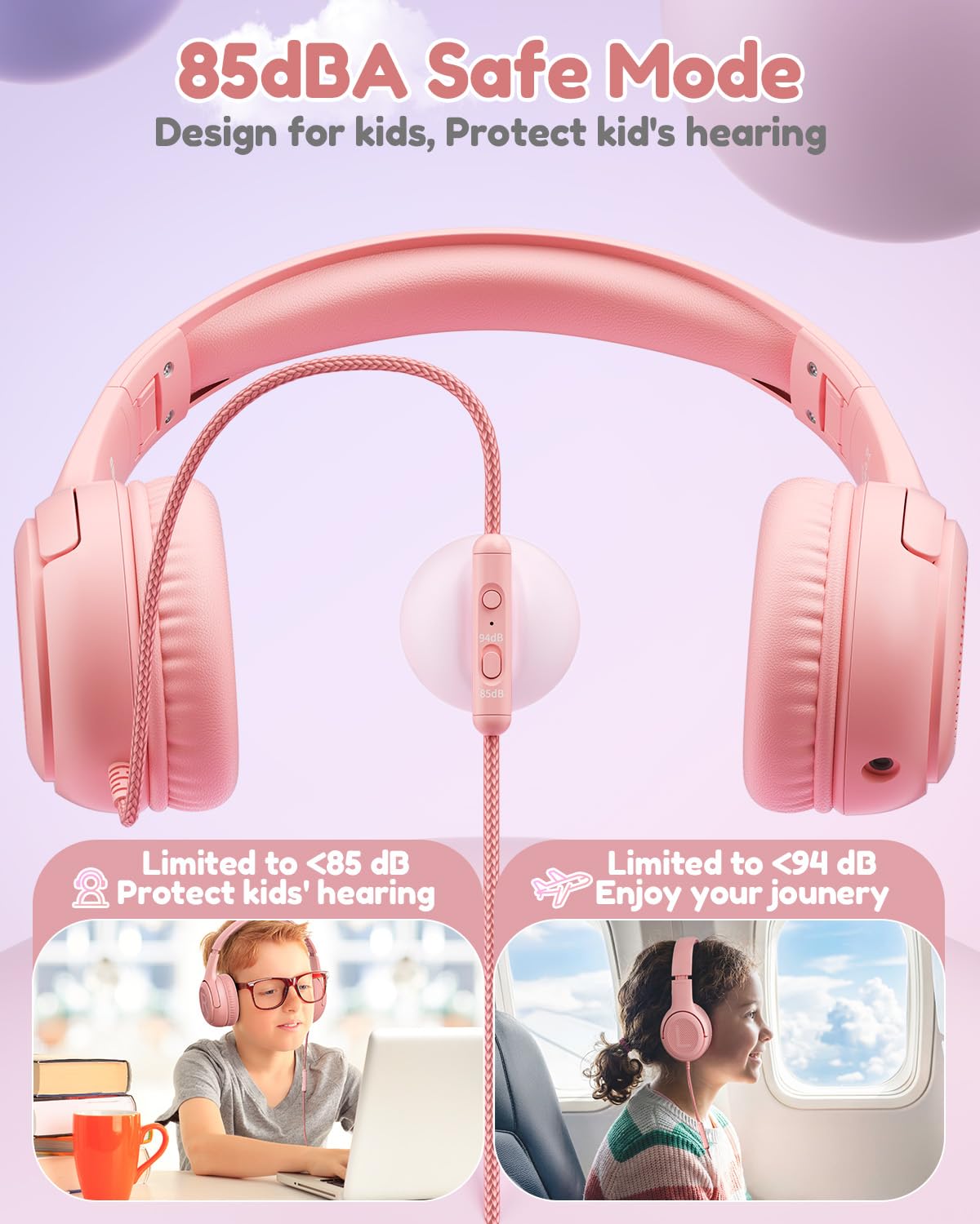 Awatrue kids headphones pink with 3-5mm jack for school devices