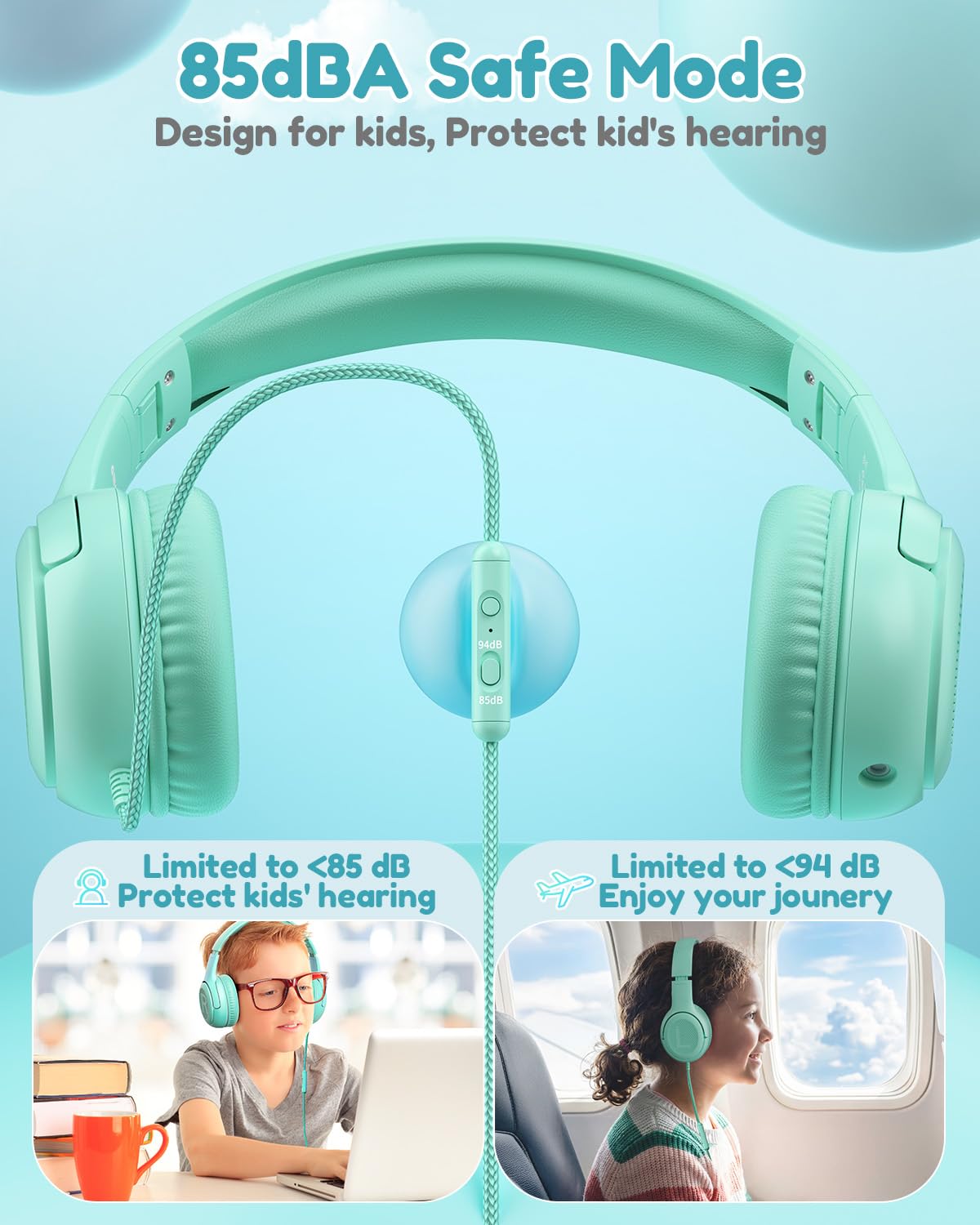 awatrue kids headphones offering 94db travel mode for in-transit listening
