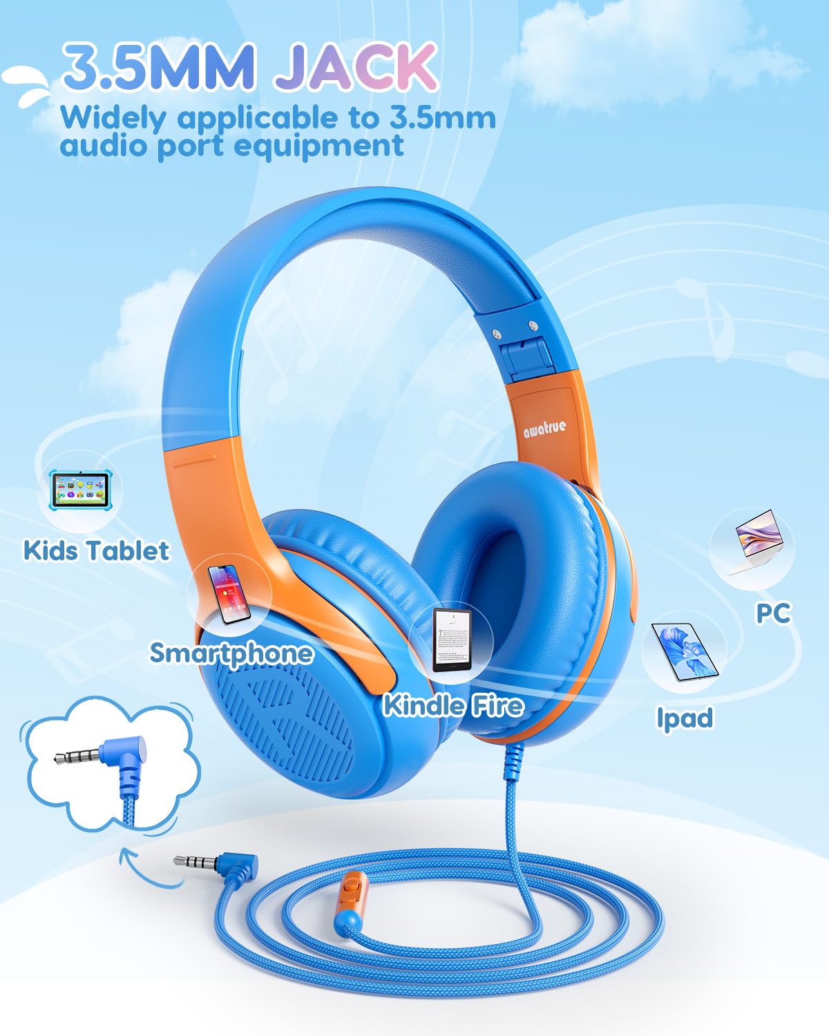 awatrue Kids Headphones Adjustable Headband fits ages 2-15 comfortably.