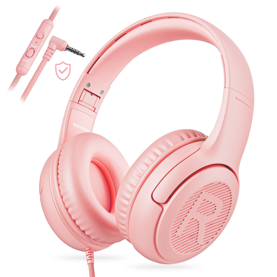 Awatrue kids headphones pink foldable for travel and study