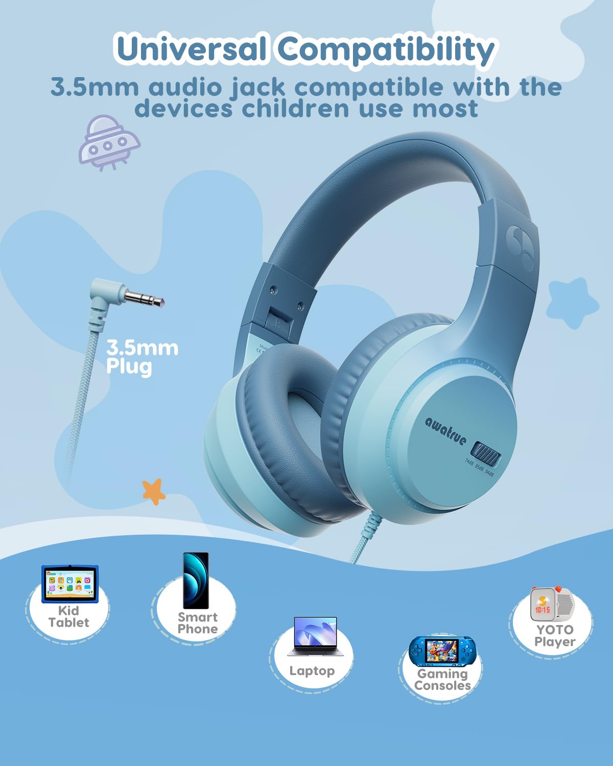 awatrue Kids Headphones green braided cable reduces tangles for travel